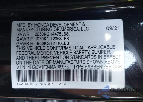 2021 Honda Accord Sport z USA, uszkodzony, nr VIN 1HGCV1F34MA109973